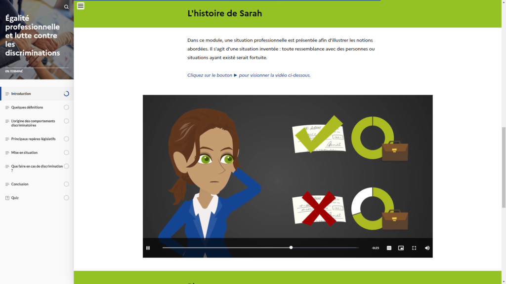 Une capture d'écran du module e-learning égalité professionnelle et lutte contre les discriminations