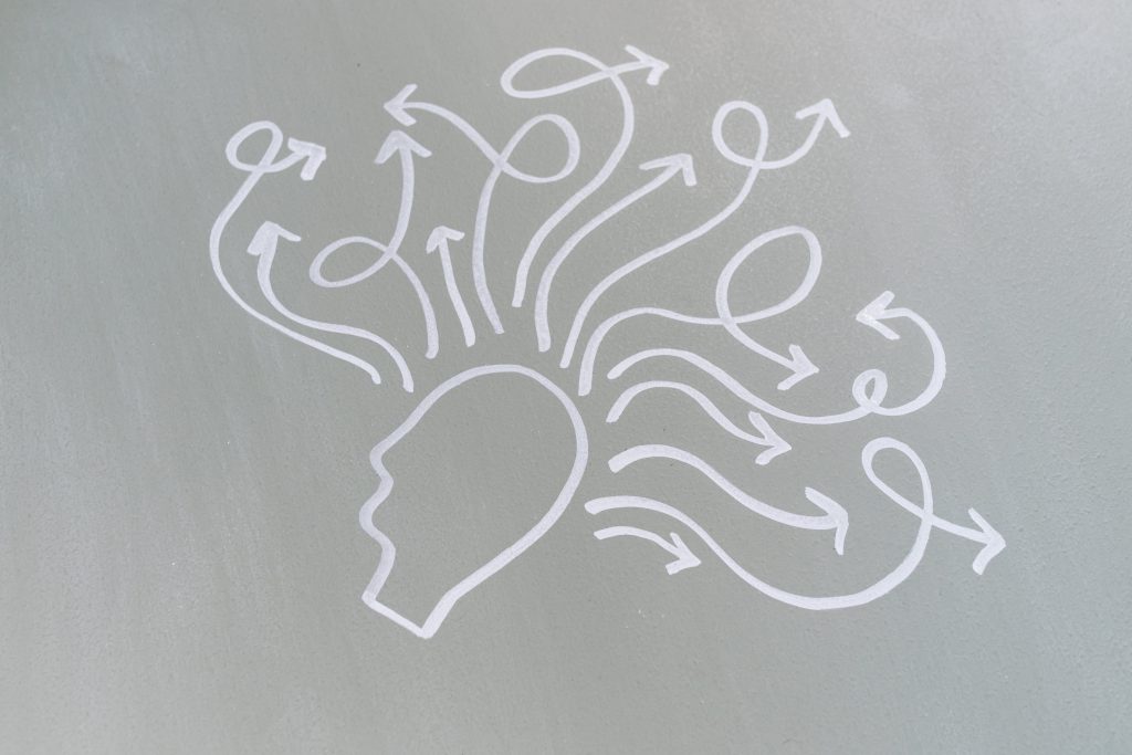 Un dessin représentant un cerveau et de nombreuses flèches partant dans tous le sens.